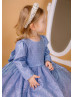 Long Sleeves Blue Glitter V Back Flower Girl Dress